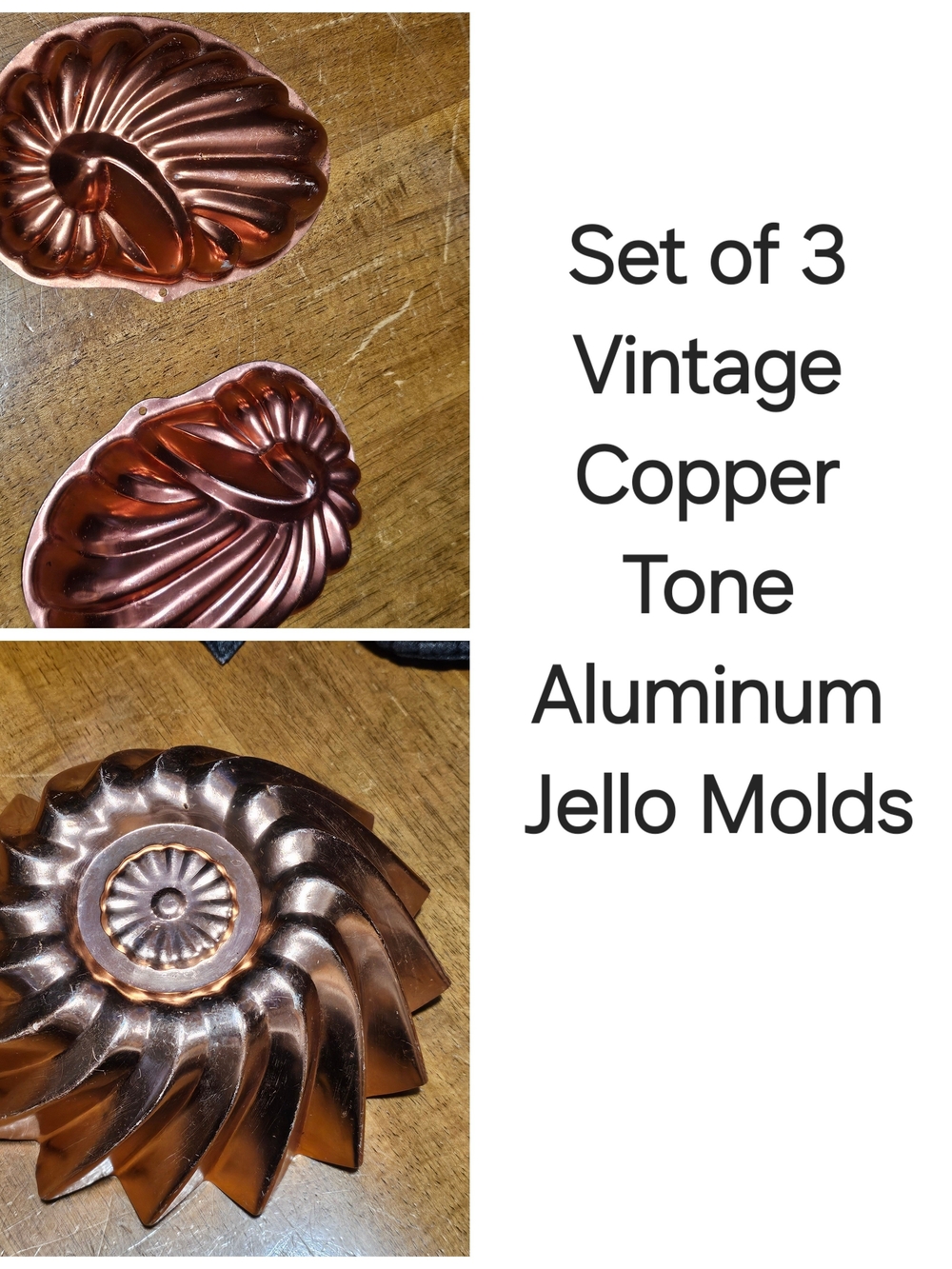 Set Of 3 Vintage Copper Tone Aluminum Jello Molds (Swirl & Matching Shells)